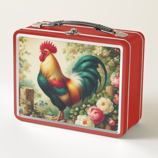Cute rustic/vintage rooster metal lunch box (Front)
