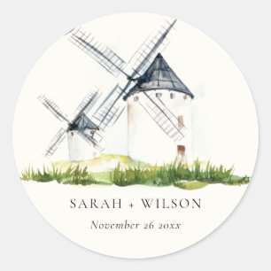 Cute Rustic Watercolor Windmill Farm Theme Wedding Classic Round Sticker