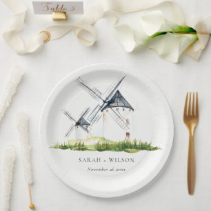 Cute Rustic Watercolor Windmill Farm Theme Wedding Paper Plate