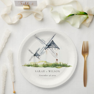 Cute Rustic Watercolor Windmill Farm Theme Wedding Paper Plate