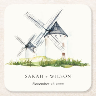 Cute Rustic Watercolor Windmill Farm Theme Wedding Square Paper Coaster