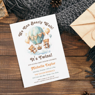 Cute Rustic We Can Bearly Wait Twins Bear Baby Invitation