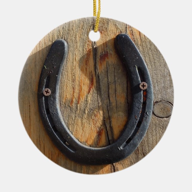 Cute Rustic Western Good Luck Horseshoe Wood Look Ceramic Ornament (Front)