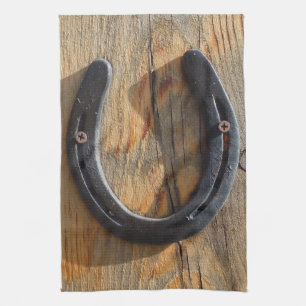 Cute Rustic Western Good Luck Horseshoe Wood Look Kitchen Towel