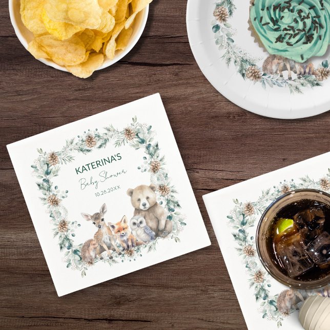 Cute Rustic Winter Woodland Animals Baby Shower Napkin (These cute, rustic napkins are perfect for a woodland animal baby shower theme.)