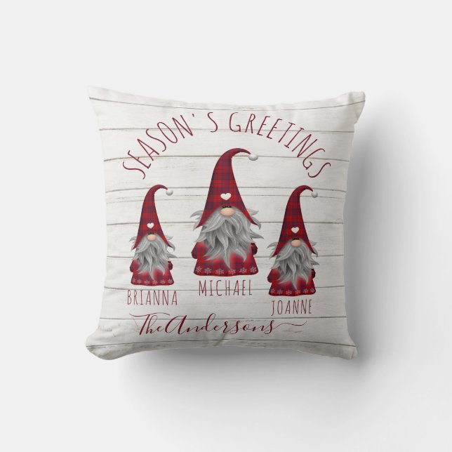 Cute Rustic Wood Plaid Christmas Family Gnomes Throw Pillow (Front)