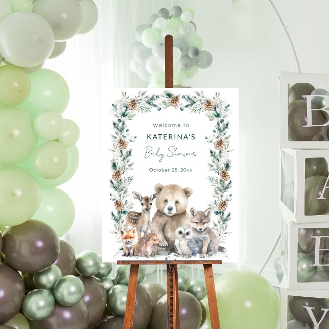 Cute Rustic Woodland Animals Baby Shower Poster (Glue this 11x14 inch baby shower welcome sign to foam board for a rustic, woodland animal party.)
