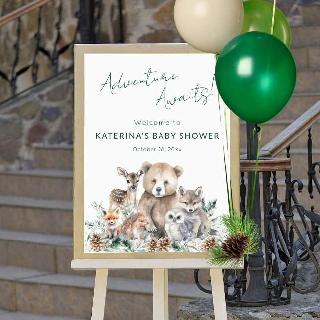 Cute Rustic Woodland Animals Baby Shower Poster (This woodland animal baby shower welcome sign features  winter greenery and a modern script.)