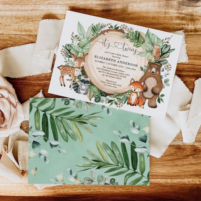 Cute Rustic Woodland Animals Twin Baby Shower Invitation (Creator Uploaded)