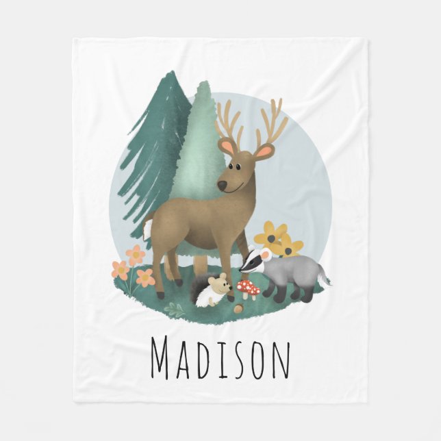 Cute Rustic Woodland Forest Animals Kids Fleece Blanket (Front)