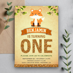 Cute Rustic Woodland Fox première invitation anniv