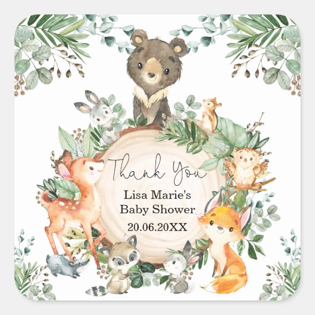 Cute Rustic Woodland Greenery Baby Animals Favours Square Sticker (Front)