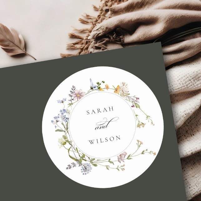 Cute Rustic Yellow Meadow Floral Wreath Wedding Classic Round Sticker (Creator Uploaded)