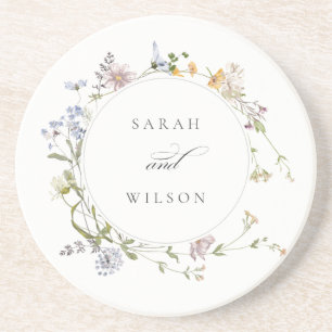 Cute Rustic Yellow Meadow Floral Wreath Wedding Coaster