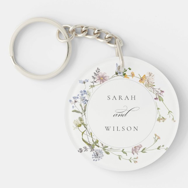 Cute Rustic Yellow Meadow Floral Wreath Wedding Keychain (Front)