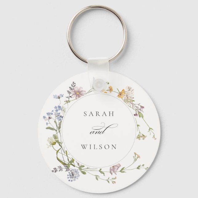 Cute Rustic Yellow Meadow Floral Wreath Wedding Keychain (Front)