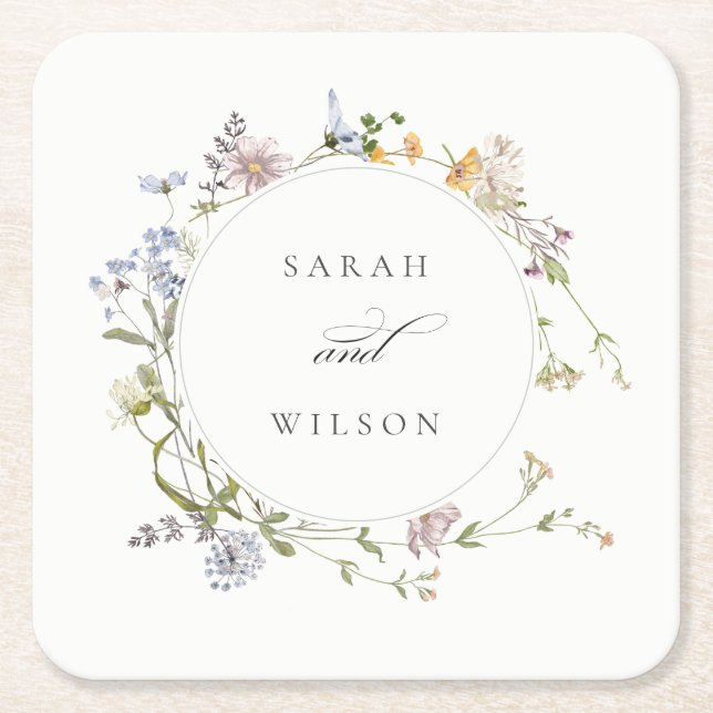 Cute Rustic Yellow Meadow Floral Wreath Wedding Square Paper Coaster (Front)