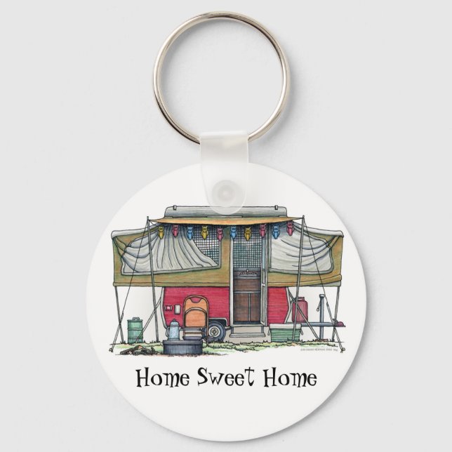 Cute RV Vintage Popup Camper Travel Trailer Keychain (Front)