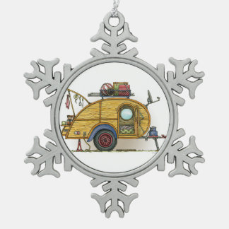 Cute RV Vintage Teardrop  Camper Travel Trailer Snowflake Pewter Christmas Ornament