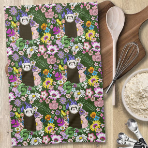 Cute Sable Ferret Wildflowers Green Woodland Kitchen Towel