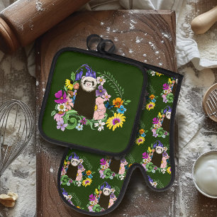 Cute Sable Ferret Wildflowers Green Woodland Oven Mitt & Pot Holder Set