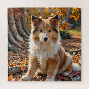 Cute Sable Rough Collie Puppy in Autumn Leaves  Jigsaw Puzzle