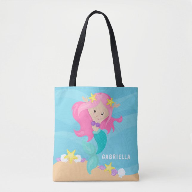Cute Sac fourre-tout de sirène rose personnalisée (Devant)