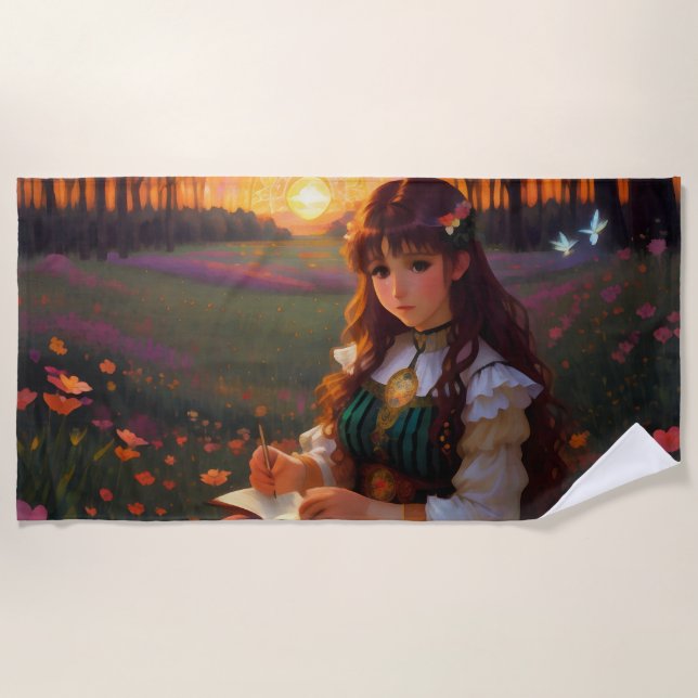 Cute Sad Anime Style Woman in Meadow at Sunset Beach Towel (Front)