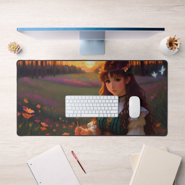 Cute Sad Anime Style Woman in Meadow at Sunset Desk Mat (Office 1)