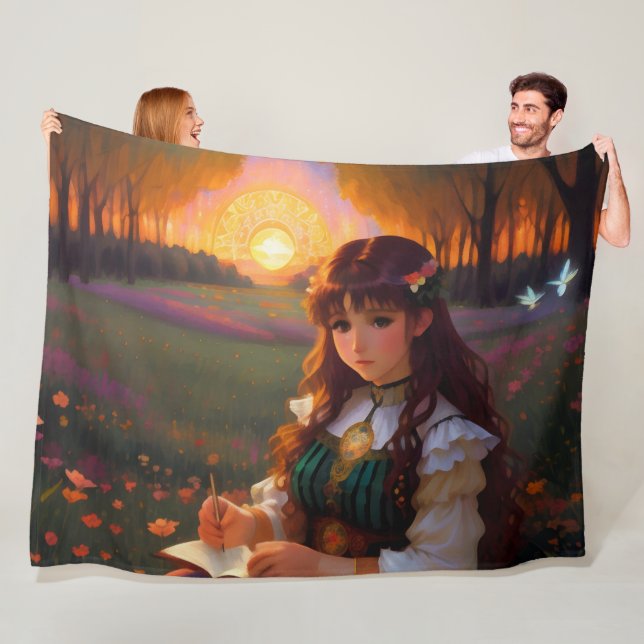 Cute Sad Anime Style Woman in Meadow at Sunset Fleece Blanket (In Situ)
