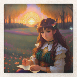 Cute Sad Anime Style Woman in Meadow at Sunset Glass Coaster