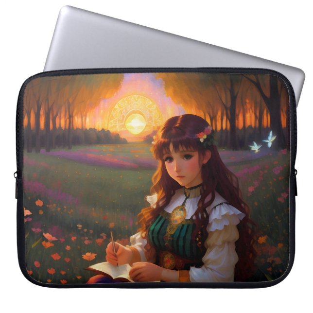 Cute Sad Anime Style Woman in Meadow at Sunset Laptop Sleeve (Front)