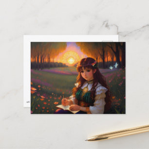 Cute Sad Anime Style Woman in Meadow at Sunset Postcard