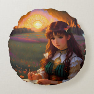 Cute Sad Anime Style Woman in Meadow at Sunset Round Pillow
