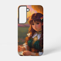 Cute Sad Anime Style Woman in Meadow at Sunset