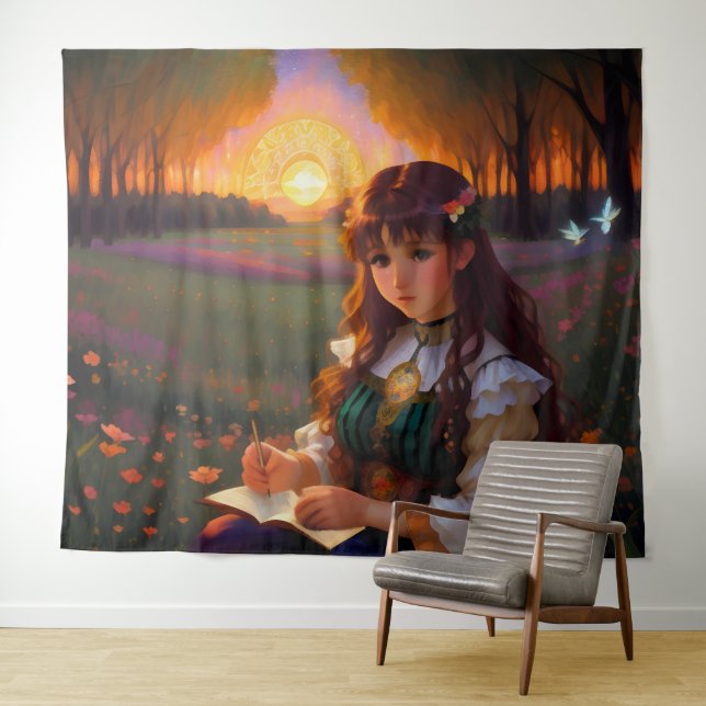 Cute Sad Anime Style Woman in Meadow at Sunset Tapestry (In Situ (Horizontal))