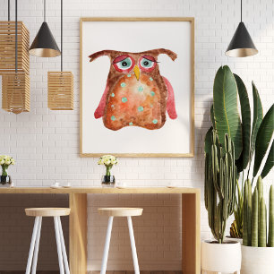 Cute sad funny watercolor owl red brown dots poster