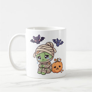Cute Sad Mummy Pumpkin Kawaii Halloween Bats Coffee Mug
