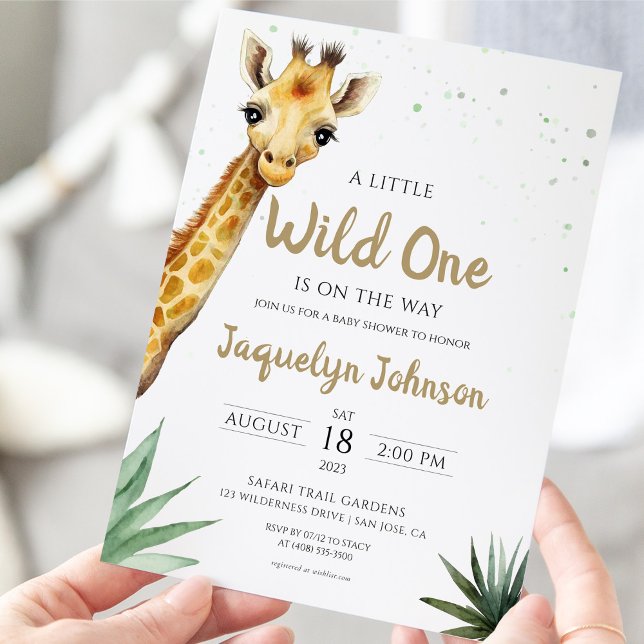 Cute Safari Adventure Giraffe Baby Shower Invitation (A little wild one safari giraffe invite held in hand.)