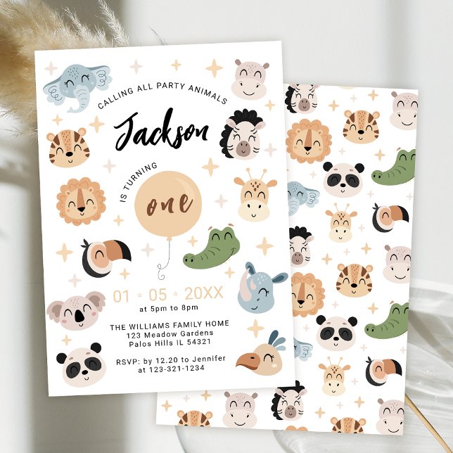 Cute Safari animal 1er anniversaire invitation gar (Créateur téléchargé)