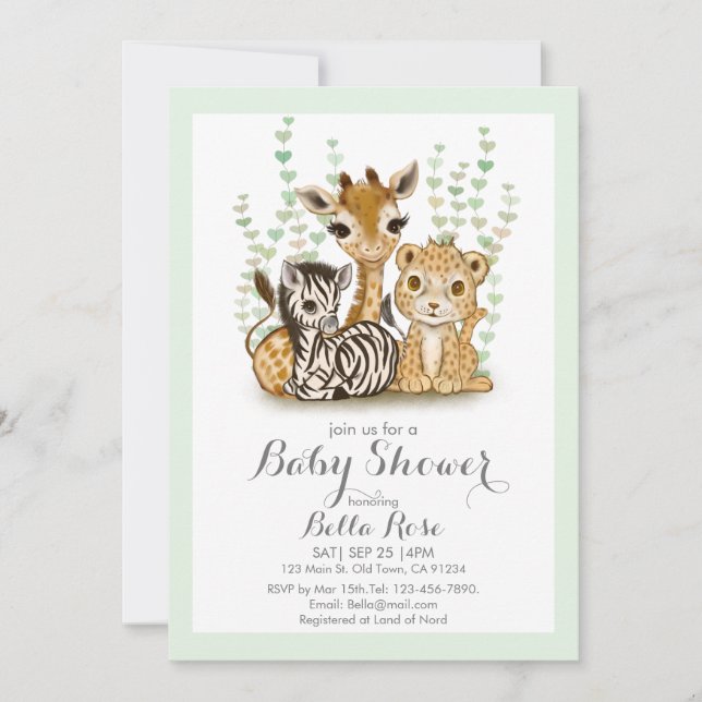 Cute Safari Animal Green Baby Shower Invitation (Front)