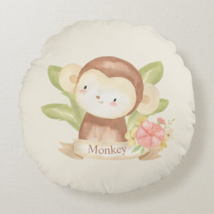 Cute Safari Animal Green Stripes Baby Monkey Baby Round Pillow