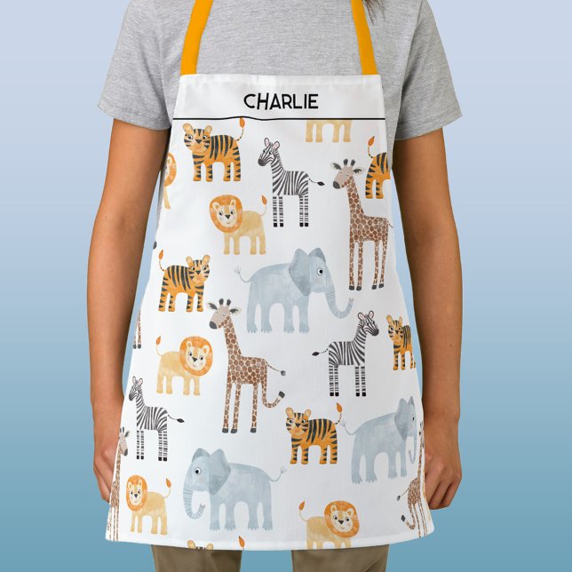 Cute Safari Animal Watercolor Personalized Name Apron (Personalized custom name fun baby safari animal apron with watercolor lion, tiger, zebra and more)