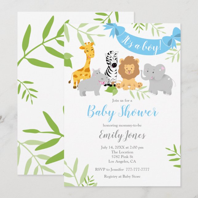 Cute Safari Animals Baby Shower Boy Invitation (Front/Back)