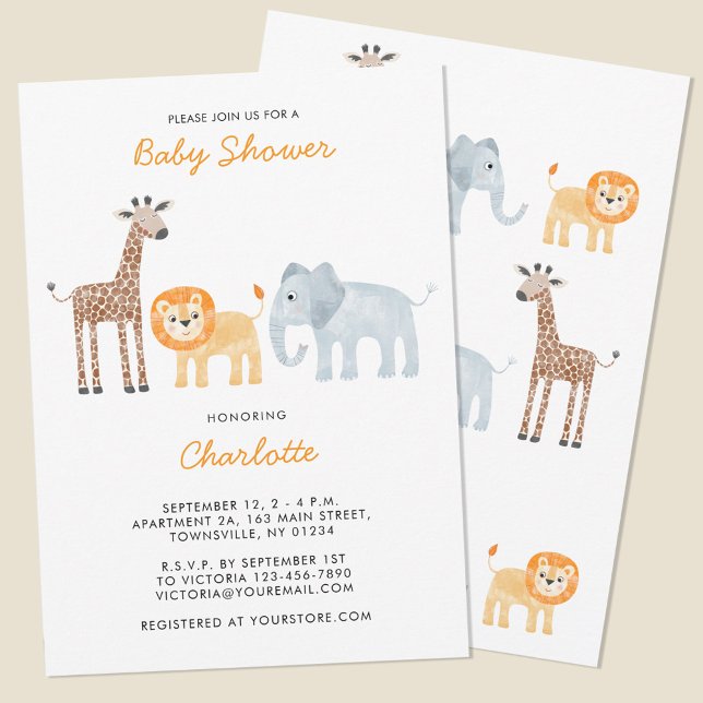 Cute Safari Animals Baby Shower Invitation (Cute watercolor safari animal lion elephant giraffe personalized baby shower invitation)