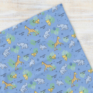 Cute Safari Animals Colourful Name Baby Kids Blue Fleece Blanket