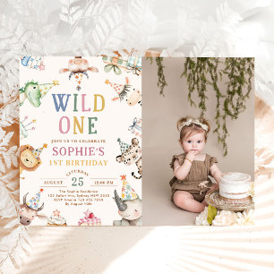 Cute Safari Animals Girl 1st Birthday Photo Invitation