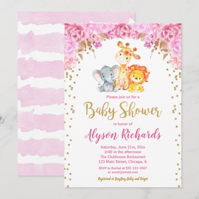 Cute safari animals girl baby shower invitation (Front/Back)