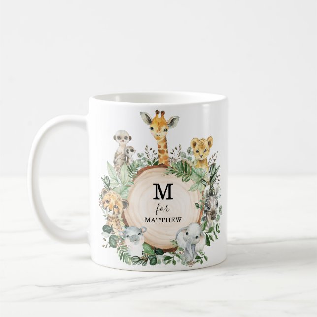 Cute Safari Animals Jungle Greenery Boy Monogram Coffee Mug (Left)