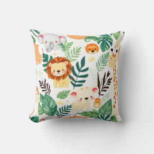 Cute Safari Animals Jungle Pattern Throw Pillow
